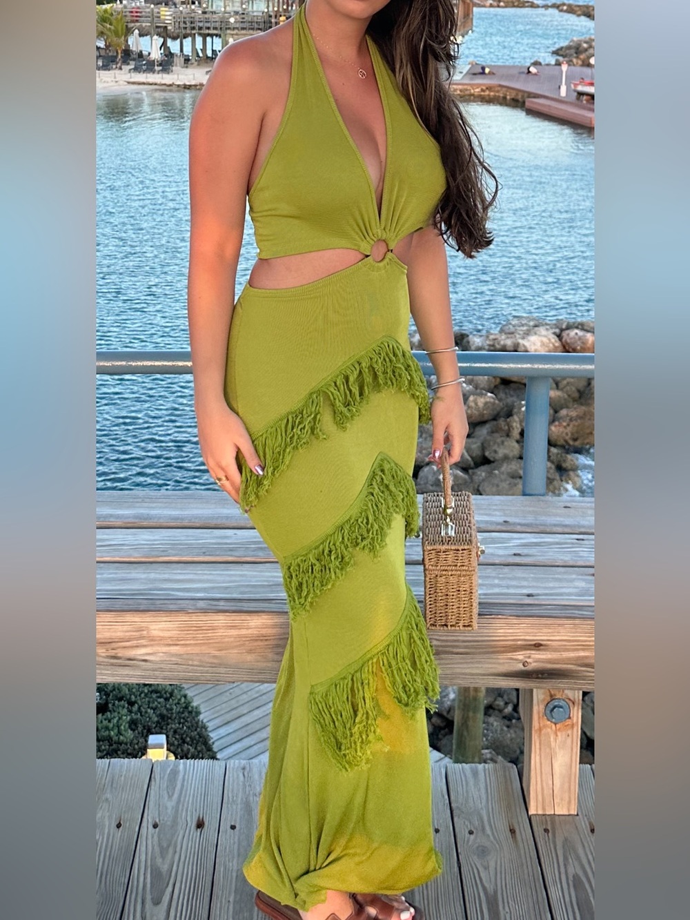 Olive Green Fringe Halter Cutout Maxi Dress